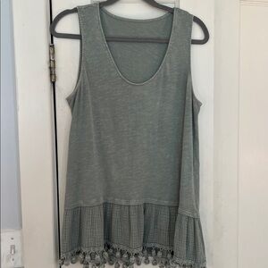 Muted Green Sleeveless Anthropologie Top with Pom Pom Hem!